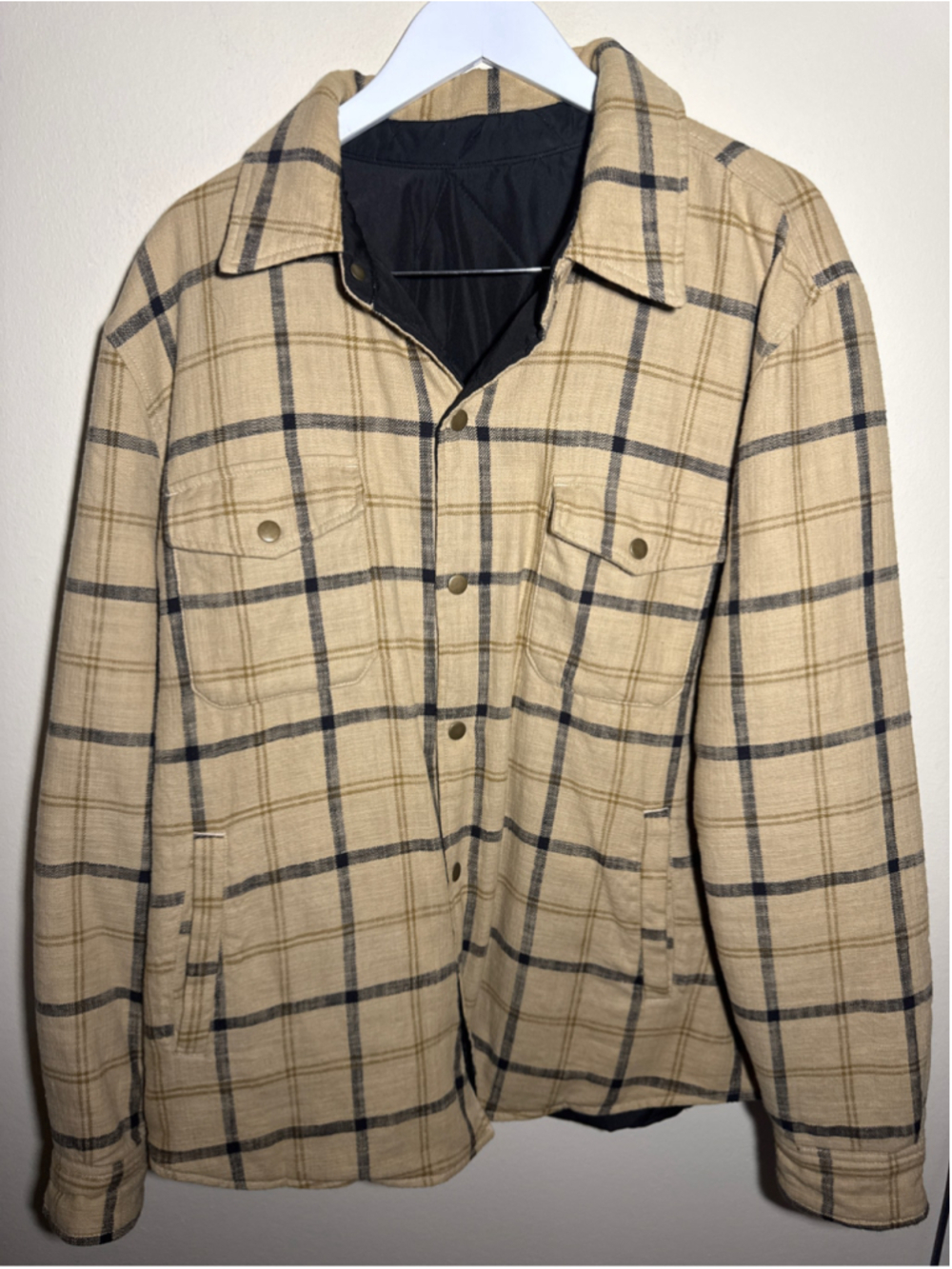 Lucky Brand Reversible Shirt Jacket XXL Beige Black Plaid